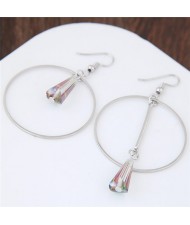 Crystal Waterdrop Decorated Hoop Fashion Asymmetric Earrings - Luminous White