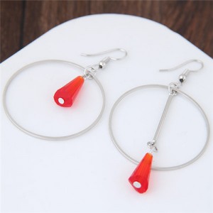 Crystal Waterdrop Decorated Hoop Fashion Asymmetric Earrings - Red