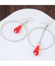 Crystal Waterdrop Decorated Hoop Fashion Asymmetric Earrings - Red