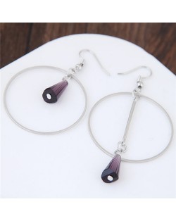 Crystal Waterdrop Decorated Hoop Fashion Asymmetric Earrings - Purple