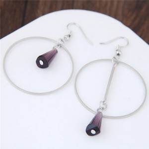 Crystal Waterdrop Decorated Hoop Fashion Asymmetric Earrings - Purple