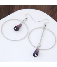 Crystal Waterdrop Decorated Hoop Fashion Asymmetric Earrings - Purple