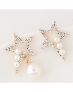 Czech Rhinestone and Pearl Embellished Asymmetric Lucky Star Fashion Earrings - White