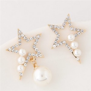 Czech Rhinestone and Pearl Embellished Asymmetric Lucky Star Fashion Earrings - White