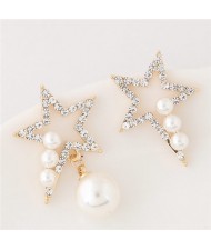Czech Rhinestone and Pearl Embellished Asymmetric Lucky Star Fashion Earrings - White