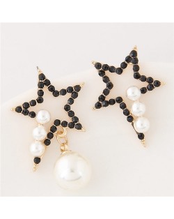Czech Rhinestone and Pearl Embellished Asymmetric Lucky Star Fashion Earrings - Black