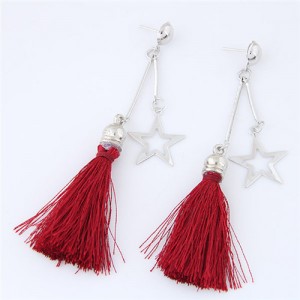Alloy Star and Cotton Threads Tassel Stud Earrings - Red