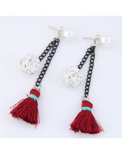Rhinestone Inlaid Ball and Threads Tassel Pearl Stud Earrings - Red