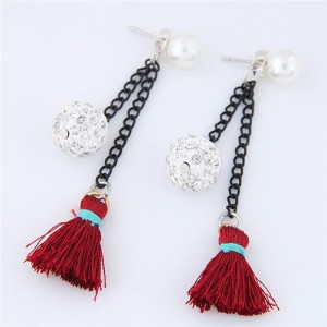 Rhinestone Inlaid Ball and Threads Tassel Pearl Stud Earrings - Red
