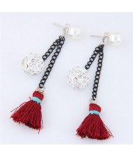 Rhinestone Inlaid Ball and Threads Tassel Pearl Stud Earrings - Red