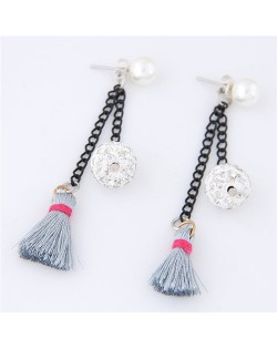 Rhinestone Inlaid Ball and Threads Tassel Pearl Stud Earrings - Gray