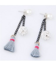 Rhinestone Inlaid Ball and Threads Tassel Pearl Stud Earrings - Gray