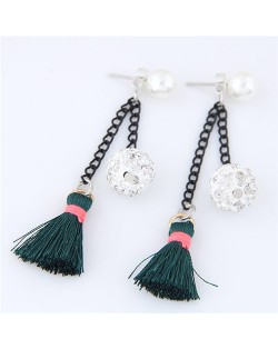 Rhinestone Inlaid Ball and Threads Tassel Pearl Stud Earrings - Ink Green