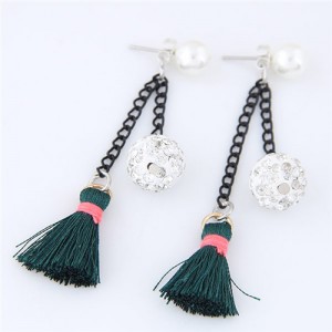 Rhinestone Inlaid Ball and Threads Tassel Pearl Stud Earrings - Ink Green