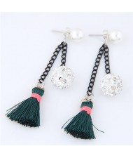 Rhinestone Inlaid Ball and Threads Tassel Pearl Stud Earrings - Ink Green