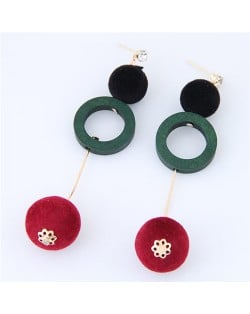 Fluffy Balls and Wooden Hoop Combo Design Fashion Earrings