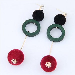 Fluffy Balls and Wooden Hoop Combo Design Fashion Earrings