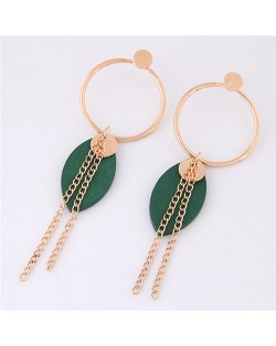Wooden Leaf and Tassel Chain Design Hoop Fashion Earrings - Green