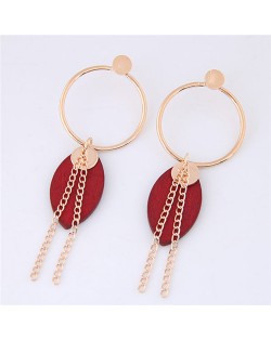 Wooden Leaf and Tassel Chain Design Hoop Fashion Earrings - Red