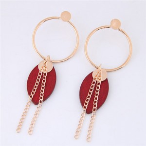 Wooden Leaf and Tassel Chain Design Hoop Fashion Earrings - Red