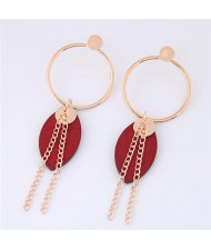 Wooden Leaf and Tassel Chain Design Hoop Fashion Earrings - Red