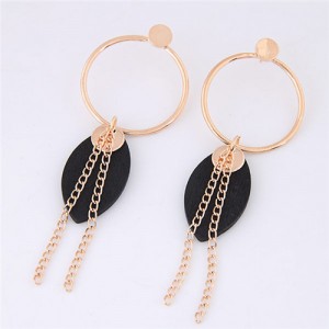 Wooden Leaf and Tassel Chain Design Hoop Fashion Earrings - Black
