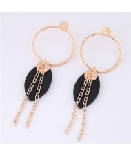 Wooden Leaf and Tassel Chain Design Hoop Fashion Earrings - Black