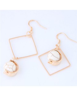 Turquoise Ball Inlaid Dangling Square Design Asymmetric Fashion Earrings - White