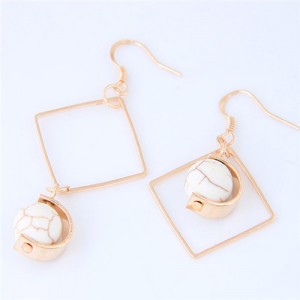 Turquoise Ball Inlaid Dangling Square Design Asymmetric Fashion Earrings - White