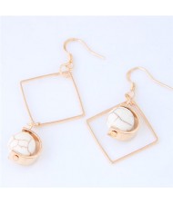 Turquoise Ball Inlaid Dangling Square Design Asymmetric Fashion Earrings - White