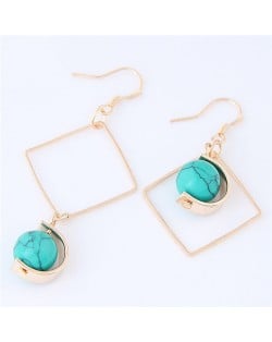 Turquoise Ball Inlaid Dangling Square Design Asymmetric Fashion Earrings - Blue