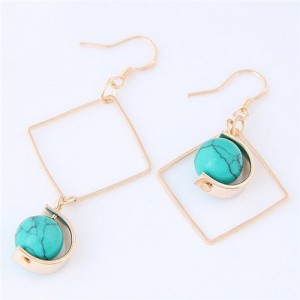 Turquoise Ball Inlaid Dangling Square Design Asymmetric Fashion Earrings - Blue
