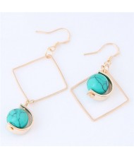 Turquoise Ball Inlaid Dangling Square Design Asymmetric Fashion Earrings - Blue
