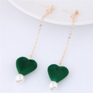Fluffy Heart and Pearl Pendants Dangling Stud Earrings - Green