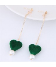 Fluffy Heart and Pearl Pendants Dangling Stud Earrings - Green