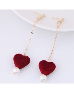 Fluffy Heart and Pearl Pendants Dangling Stud Earrings - Red