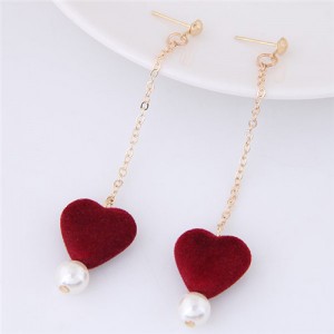 Fluffy Heart and Pearl Pendants Dangling Stud Earrings - Red