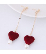Fluffy Heart and Pearl Pendants Dangling Stud Earrings - Red