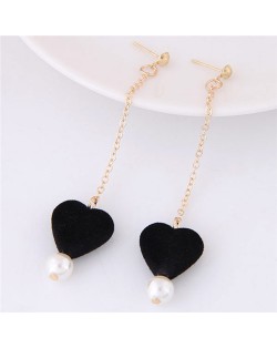 Fluffy Heart and Pearl Pendants Dangling Stud Earrings - Black