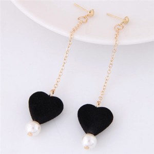 Fluffy Heart and Pearl Pendants Dangling Stud Earrings - Black