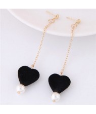 Fluffy Heart and Pearl Pendants Dangling Stud Earrings - Black