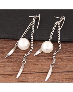 Dangling Pearl and Leaves Tassel Fashion Earrings - Silver