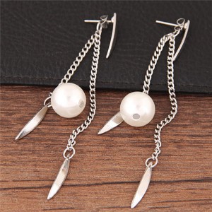 Dangling Pearl and Leaves Tassel Fashion Earrings - Silver