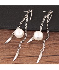 Dangling Pearl and Leaves Tassel Fashion Earrings - Silver