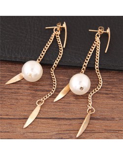 Dangling Pearl and Leaves Tassel Fashion Earrings - Golden