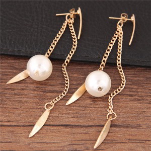 Dangling Pearl and Leaves Tassel Fashion Earrings - Golden