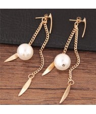 Dangling Pearl and Leaves Tassel Fashion Earrings - Golden