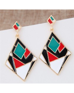 Contrast Colors Artistic Rhombus Fashion Stud Earrings - Green and Red