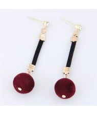 Dangling Fluffy Ball High Fashion Stud Earrings - Red