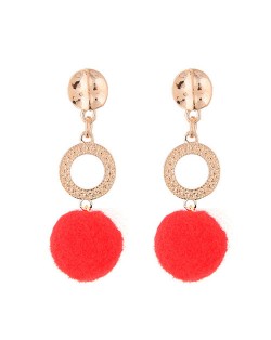 Dangling Shining Hoop and Fluffy Ball Fashion Stud Earrings - Red